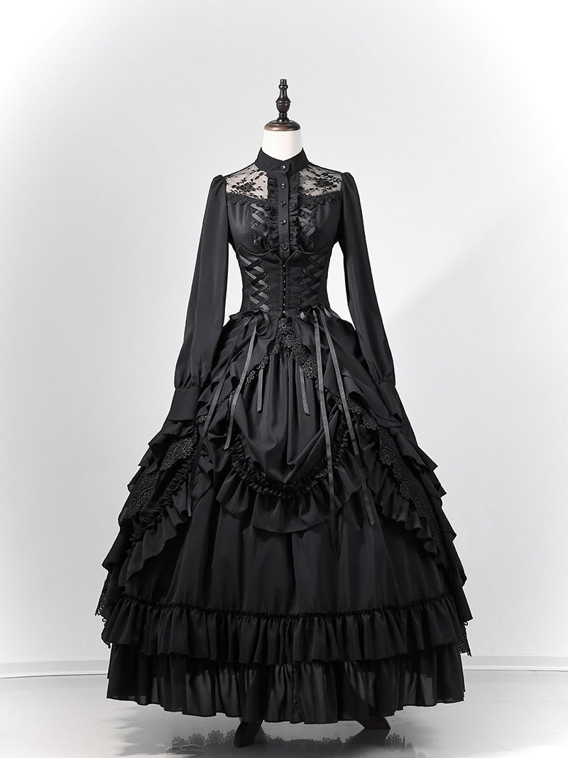Victorian - Inspired Gothic Black Lace High Neck Ball Gown with Tiered Ruffled Skirt – Corset Back Evening Dress Plus Size - WonderlandByLilian
