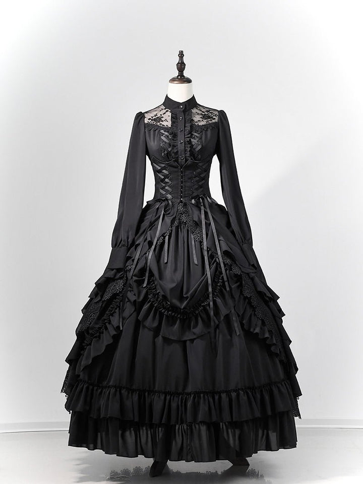 Victorian - Inspired Gothic Black Lace High Neck Ball Gown with Tiered Ruffled Skirt – Corset Back Evening Dress Plus Size - WonderlandByLilian