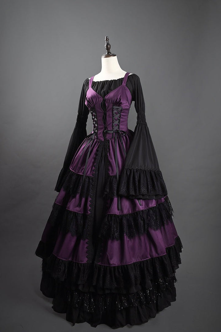 Victorian - Inspired Gothic Purple and Black Lace Ball Gown with Corset Bodice – Layered Satin Evening Dress Plus Size - WonderlandByLilian