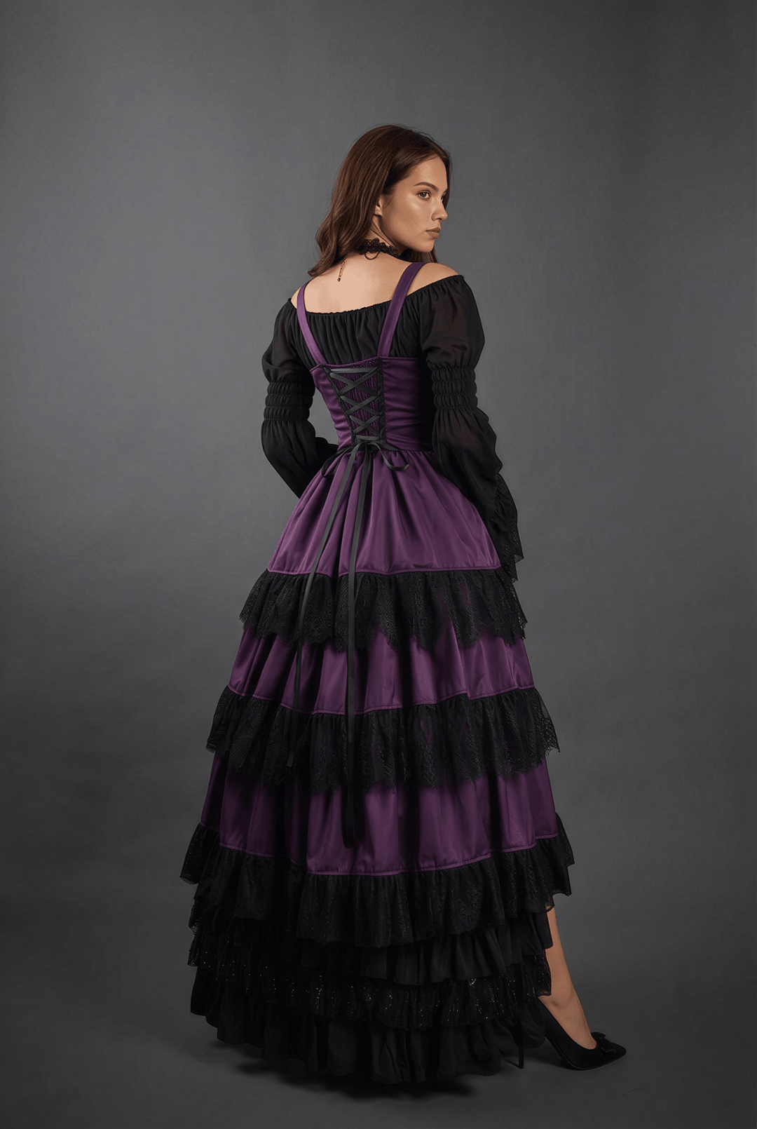 Victorian - Inspired Gothic Purple and Black Lace Ball Gown with Corset Bodice – Layered Satin Evening Dress Plus Size - WonderlandByLilian