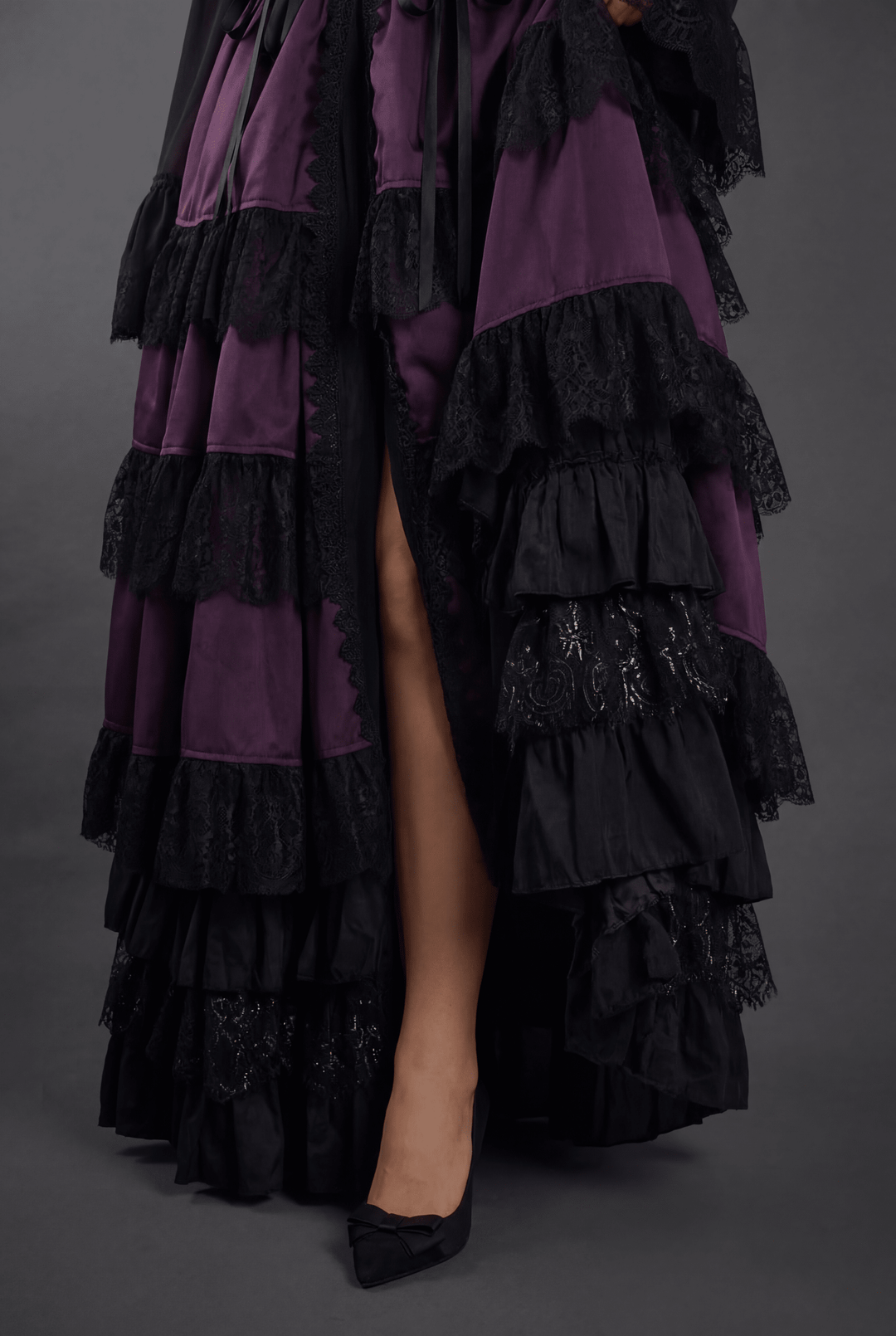 Victorian - Inspired Gothic Purple and Black Lace Ball Gown with Corset Bodice – Layered Satin Evening Dress Plus Size - WonderlandByLilian