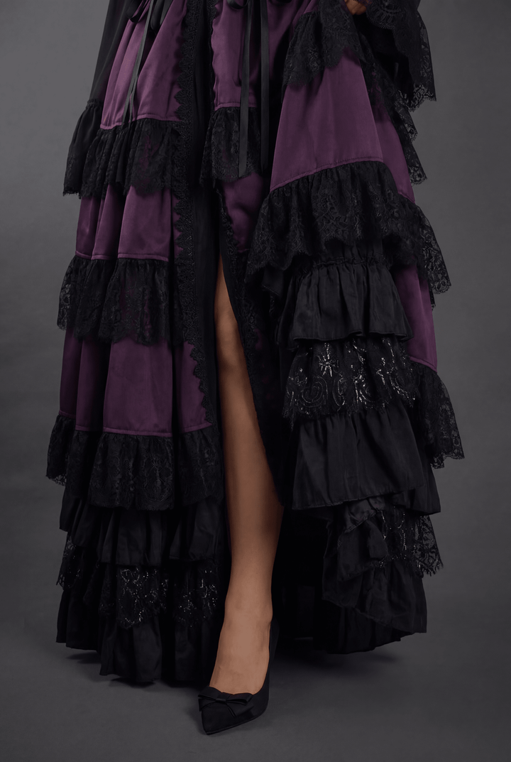 Victorian - Inspired Gothic Purple and Black Lace Ball Gown with Corset Bodice – Layered Satin Evening Dress Plus Size - WonderlandByLilian