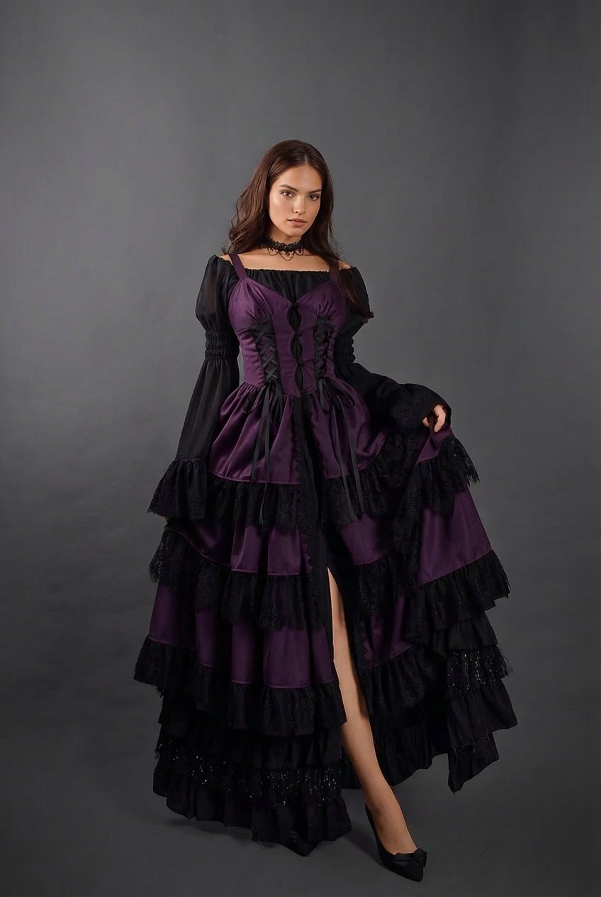 Victorian - Inspired Gothic Purple and Black Lace Ball Gown with Corset Bodice – Layered Satin Evening Dress Plus Size - WonderlandByLilian
