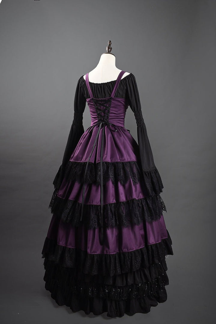 Victorian - Inspired Gothic Purple and Black Lace Ball Gown with Corset Bodice – Layered Satin Evening Dress Plus Size - WonderlandByLilian