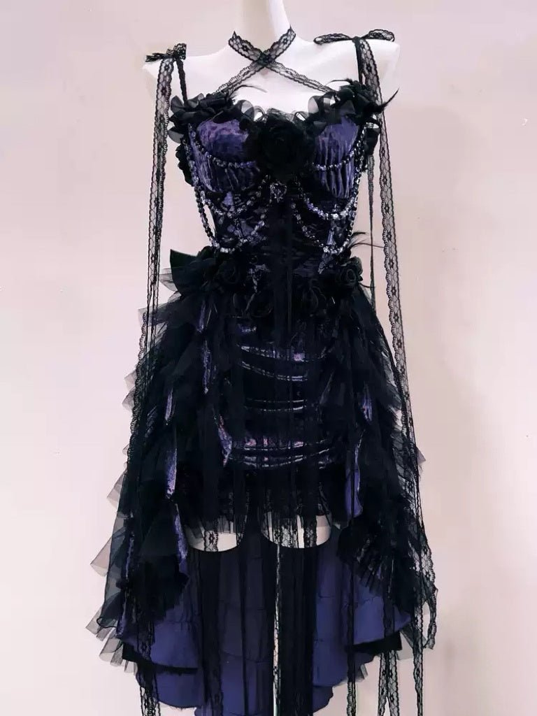 Victorian-Inspired Gothic Purple and Black Lace Corset Dress with High – WonderlandByLilian