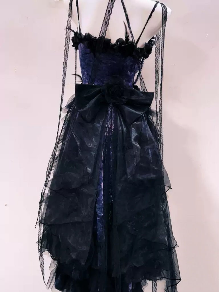 high low corset dress Victorian-Inspired Gothic Purple and Black Lace Corset Dress with High-Low Skirt – Gothic Prom Dress with Long Sleeves Plus Size