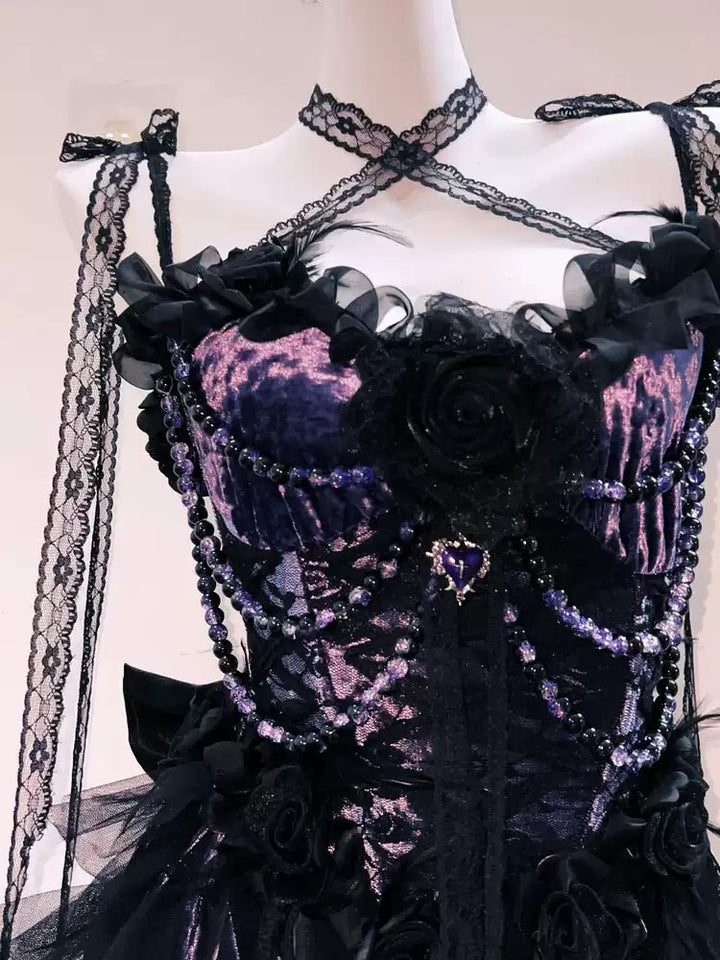 Victorian - Inspired Gothic Purple and Black Lace Corset Dress with High - Low Skirt – Gothic Prom Dress with Long Sleeves Plus Size - WonderlandByLilian