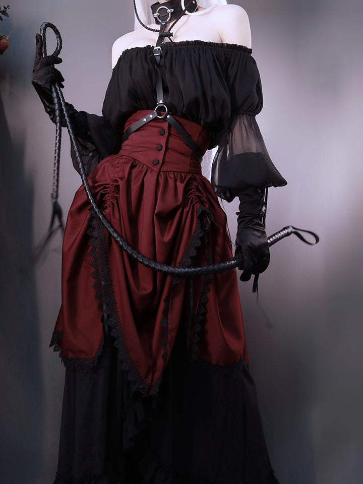Victorian - Inspired Gothic Red and Black Lace Ball Gown with High Collar – Vampire Duchess Satin Evening Dress Plus Size - WonderlandByLilian