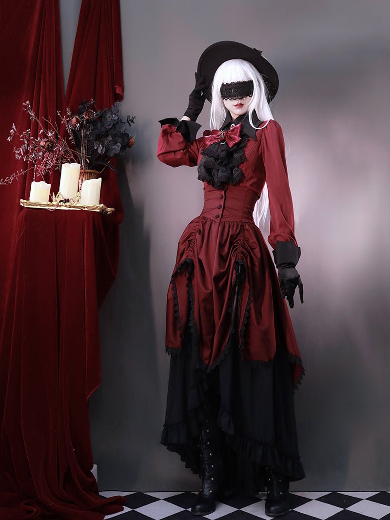 Victorian - Inspired Gothic Red and Black Lace Ball Gown with High Collar – Vampire Duchess Satin Evening Dress Plus Size - WonderlandByLilian