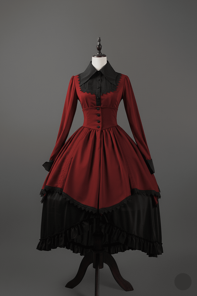 Victorian - Inspired Gothic Red and Black Lace Ball Gown with High Collar – Vampire Duchess Satin Evening Dress Plus Size - WonderlandByLilian