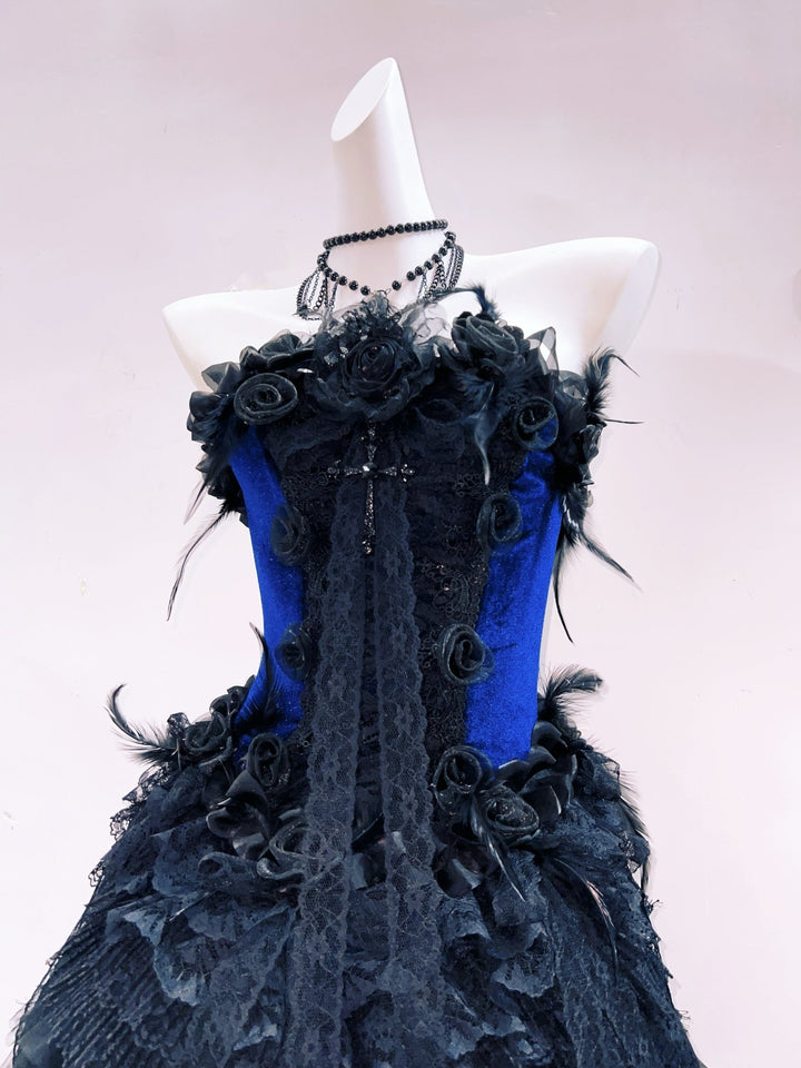Victorian - Inspired Gothic Strapless High - Low Dress in Blue Velvet with Black Lace Ruffles – Gothic Evening Dress Plus Size - WonderlandByLilian