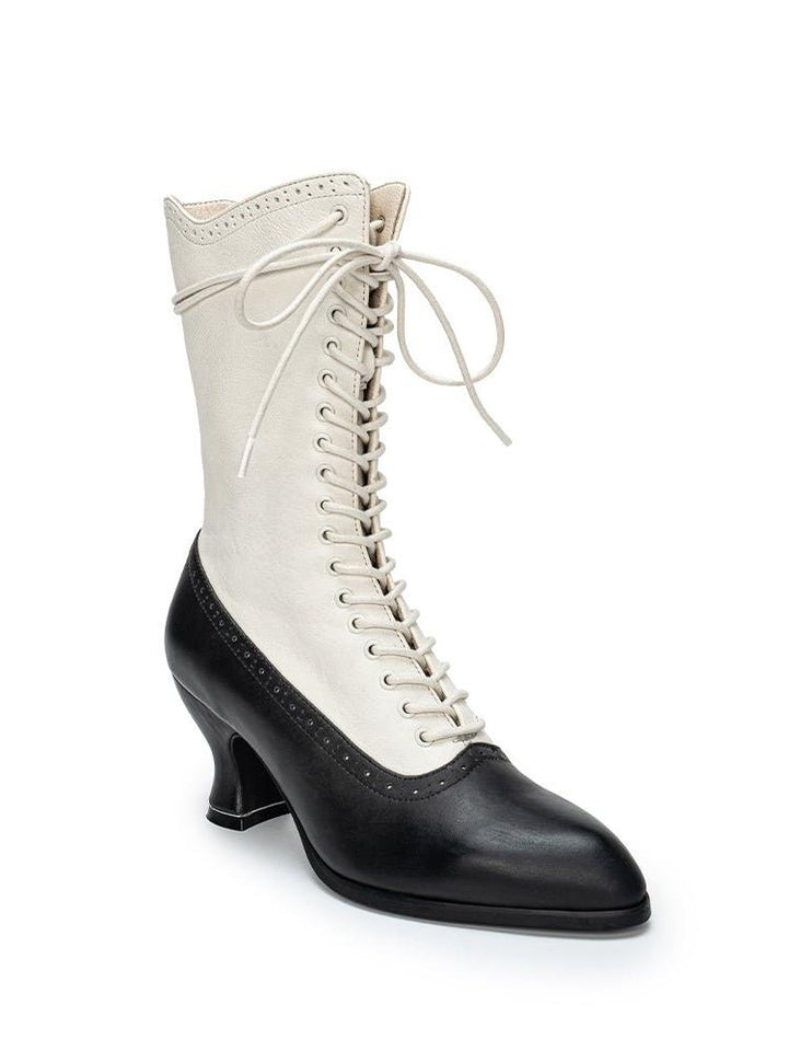 Victorian - Inspired Lace - Up Two - Tone Boots - Retro Ivory & Black Leather - WonderlandByLilian