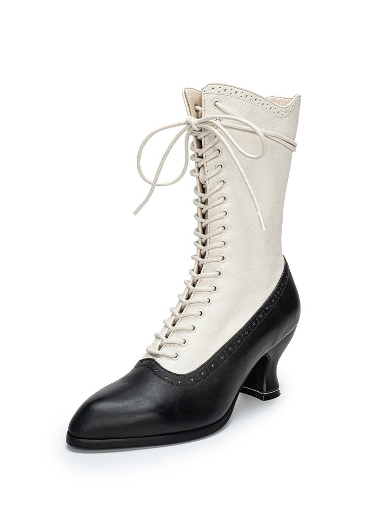 Victorian - Inspired Lace - Up Two - Tone Boots - Retro Ivory & Black Leather - WonderlandByLilian