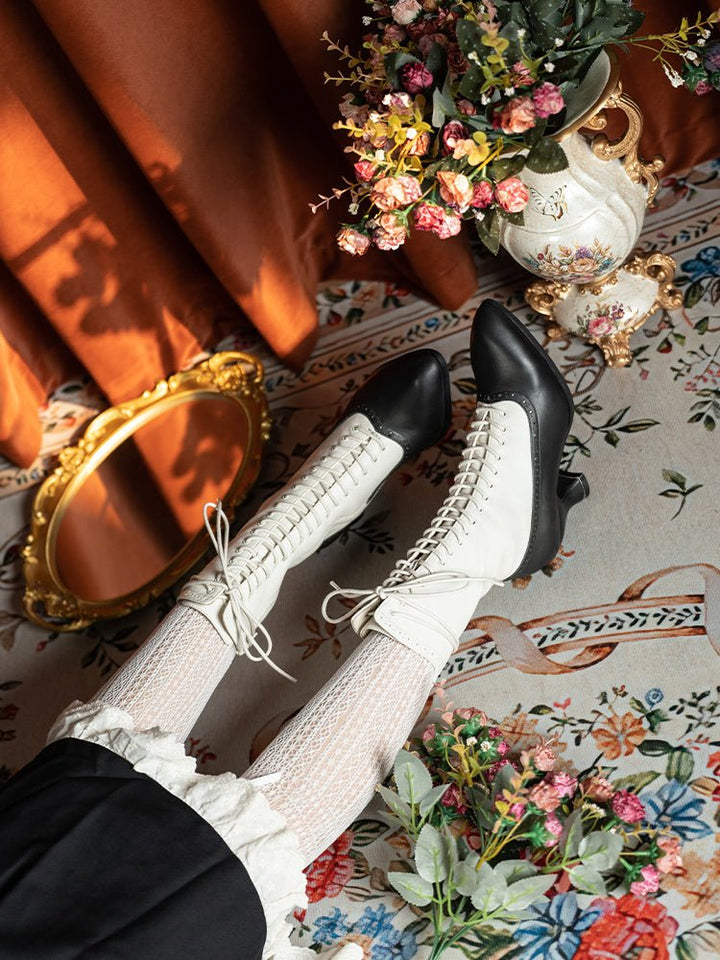 Victorian - Inspired Lace - Up Two - Tone Boots - Retro Ivory & Black Leather - WonderlandByLilian