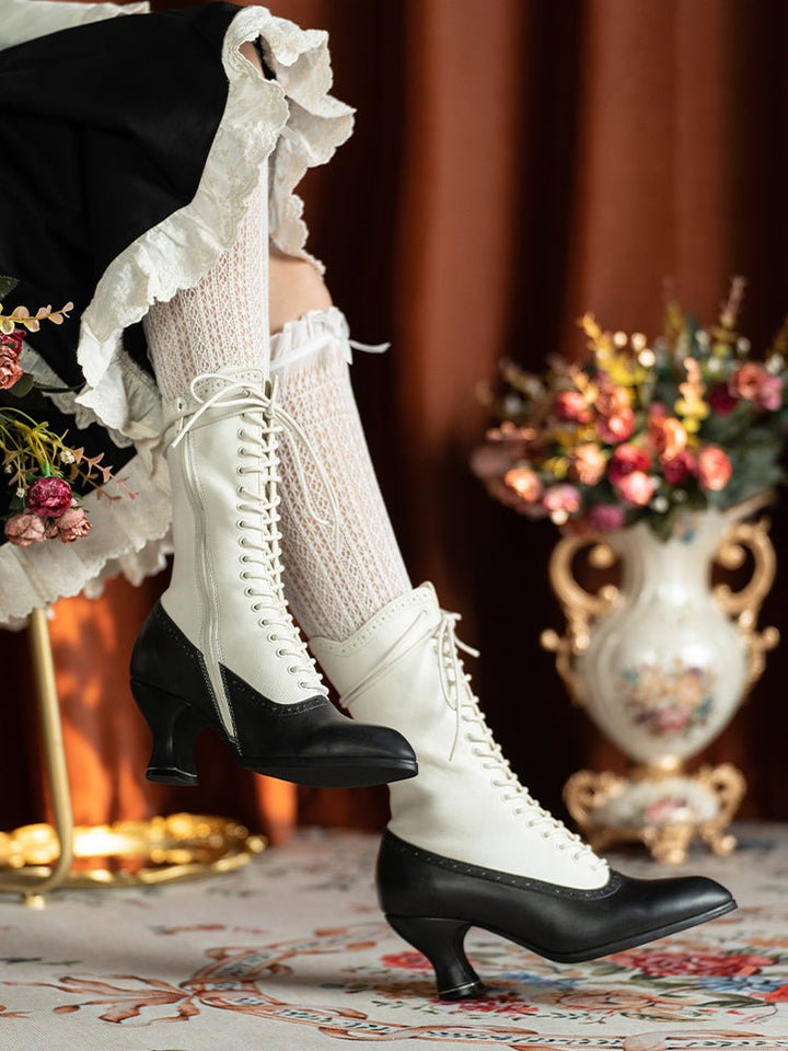 Victorian - Inspired Lace - Up Two - Tone Boots - Retro Ivory & Black Leather - WonderlandByLilian