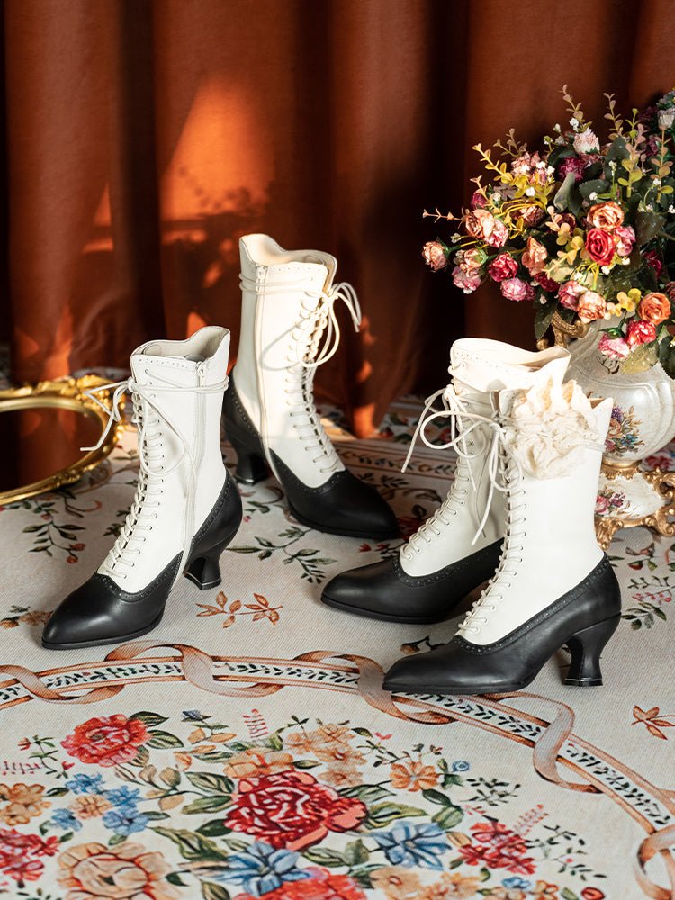 Victorian - Inspired Lace - Up Two - Tone Boots - Retro Ivory & Black Leather - WonderlandByLilian