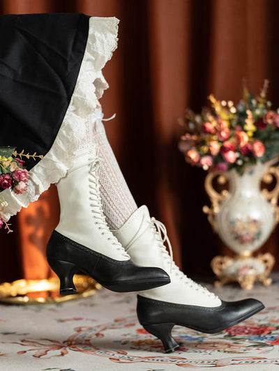 Victorian - Inspired Lace - Up Two - Tone Boots - Retro Ivory & Black Leather - WonderlandByLilian