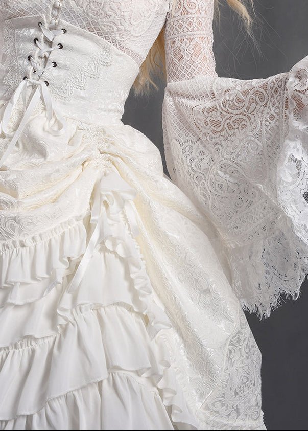 victorian white dress Victorian-Inspired White Lace Corset Dress with Bell Sleeves – Layered Ruffle High-Low Bridal Gown Plus Size Size 16W / White