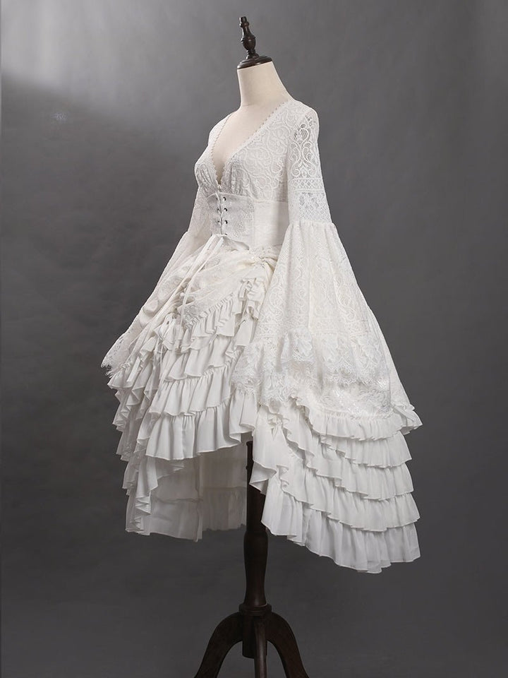 Victorian - Inspired White Lace Corset Dress with Bell Sleeves – Layered Ruffle High - Low Bridal Gown Plus Size - WonderlandByLilian