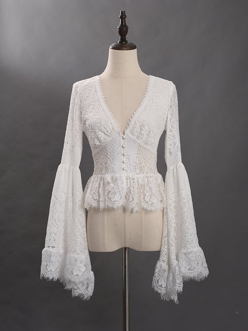 Victorian - Inspired White Lace Corset Dress with Bell Sleeves – Layered Ruffle High - Low Bridal Gown Plus Size - WonderlandByLilian