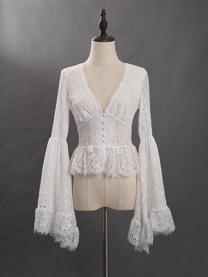 Victorian - Inspired White Lace Corset Dress with Bell Sleeves – Layered Ruffle High - Low Bridal Gown Plus Size - WonderlandByLilian
