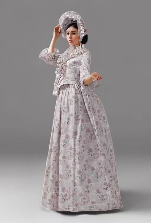 Victorian Rose Floral Print Ball Gown – Rococo Style Dress with Ruffled Long Sleeves Plus Size - WonderlandByLilian