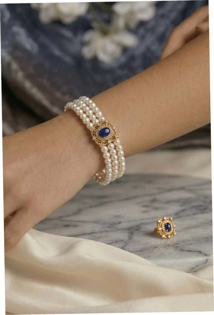 Victorian Triple Pearl Bracelet Regency Era Lapis Lazuli Jewelry Gothic Antique Style - WonderlandByLilian