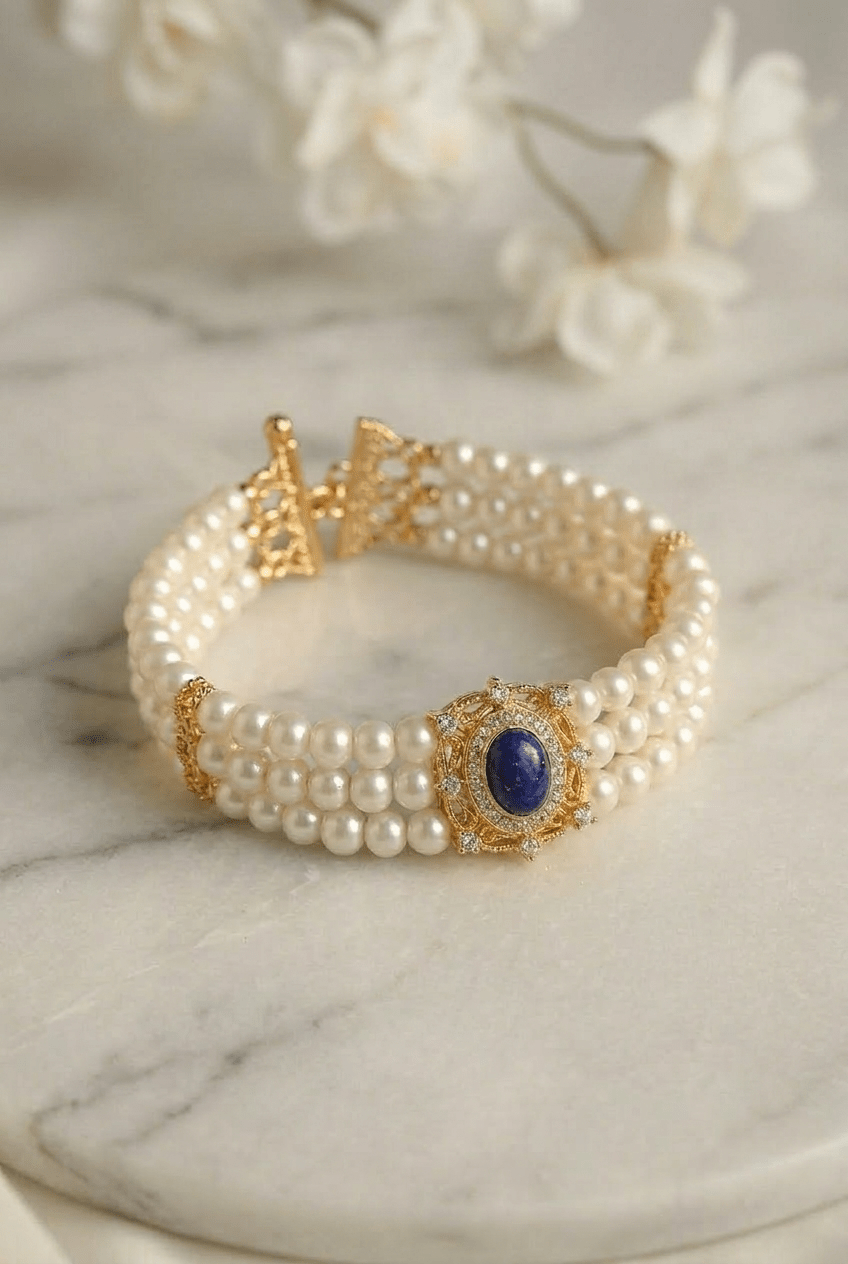 Victorian Triple Pearl Bracelet Regency Era Lapis Lazuli Jewelry Gothic Antique Style - WonderlandByLilian