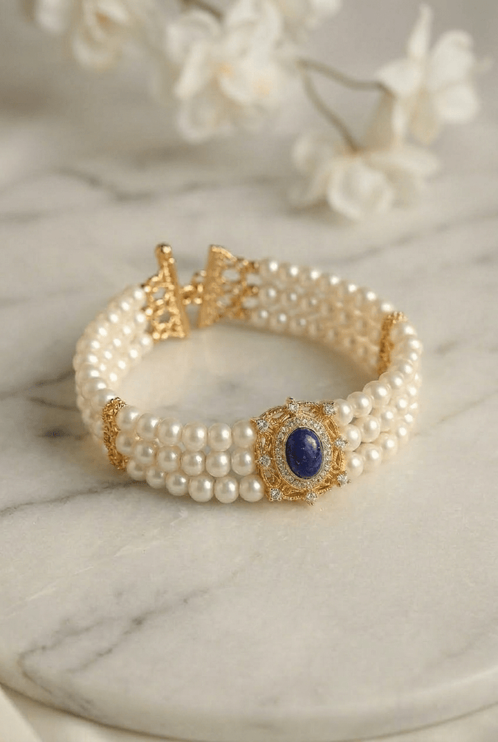 Victorian Triple Pearl Bracelet Regency Era Lapis Lazuli Jewelry Gothic Antique Style - WonderlandByLilian