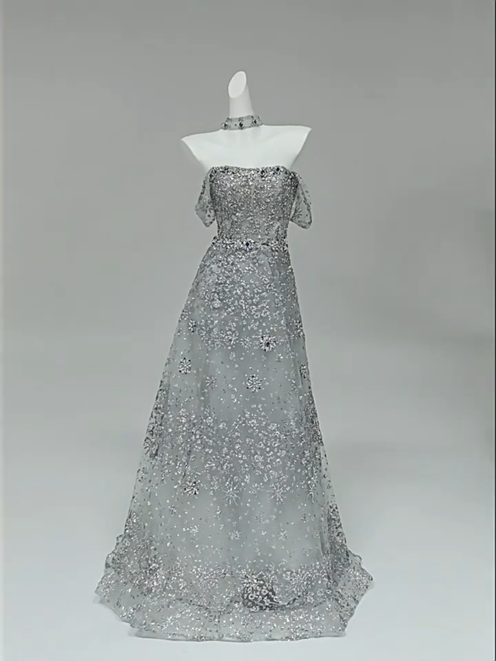 Silver Sequin Evening Gown with Corset Back – Sparkly Maxi Dress with Crystal Embellishments and Matching Choker Plus Size