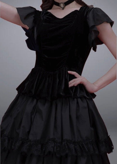 Vintage A-line Gothic Velvet Dress Set with Lace Edge for Lolita Costume Party Plus Size - WonderlandByLilian