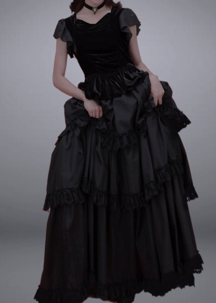 Vintage A-line Gothic Velvet Dress Set with Lace Edge for Lolita Costume Party Plus Size - WonderlandByLilian
