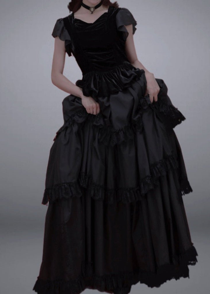 Vintage A-line Gothic Velvet Dress Set with Lace Edge for Lolita Costume Party Plus Size - WonderlandByLilian