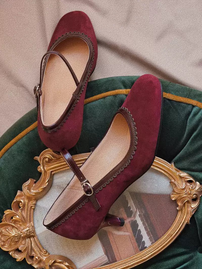 Vintage Burgundy Mary Jane Kitten Heels - Regency Style Shoes - WonderlandByLilian