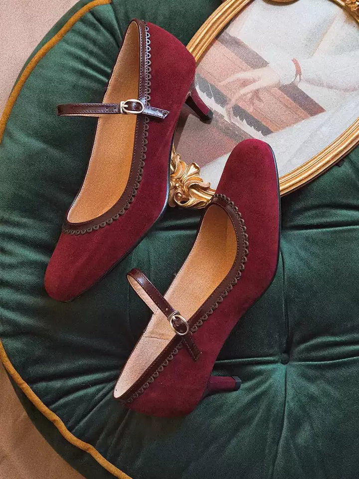 Vintage Burgundy Mary Jane Kitten Heels - Regency Style Shoes - WonderlandByLilian