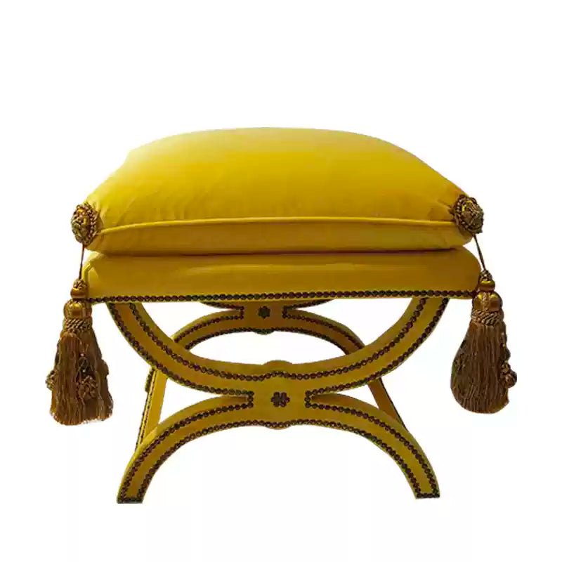 Vintage Burgundy Tassel Bench – Handmade American - Style Velvet Ottoman with Carved Wood Frame - WonderlandByLilian