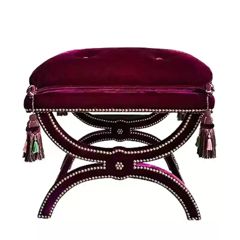 Vintage Burgundy Tassel Bench – Handmade American - Style Velvet Ottoman with Carved Wood Frame - WonderlandByLilian