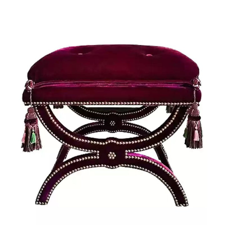 Vintage Burgundy Tassel Bench – Handmade American - Style Velvet Ottoman with Carved Wood Frame - WonderlandByLilian