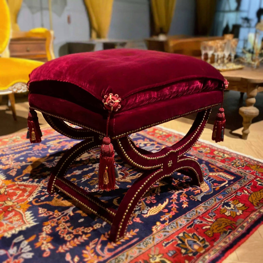 Vintage Burgundy Tassel Bench – Handmade American - Style Velvet Ottoman with Carved Wood Frame - WonderlandByLilian