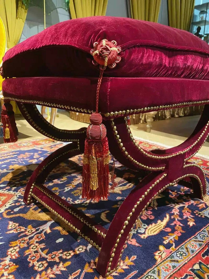 Vintage Burgundy Tassel Bench – Handmade American - Style Velvet Ottoman with Carved Wood Frame - WonderlandByLilian