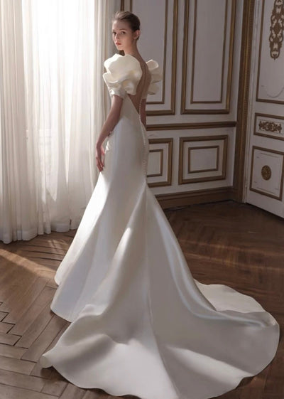 Vintage Classic V-Neck Bubble Sleeve Light Ivory Mermaid Beading Illusion Back Wedding Dress Plus Size - WonderlandByLilian