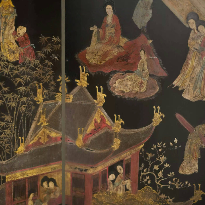 Vintage Floral Deco Room Divider – Handcrafted French - Chinese Folding Screen with Gold Embroidery Detailing - WonderlandByLilian