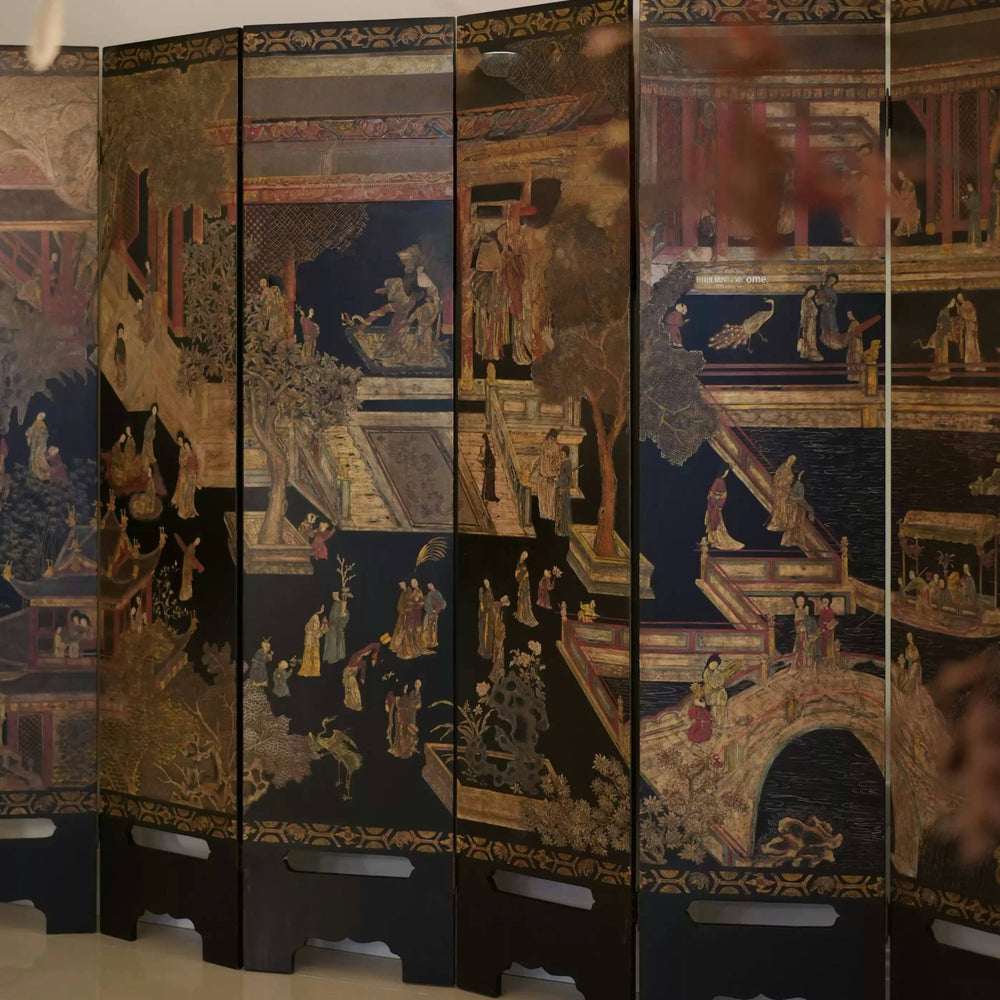 Vintage Floral Deco Room Divider – Handcrafted French - Chinese Folding Screen with Gold Embroidery Detailing - WonderlandByLilian