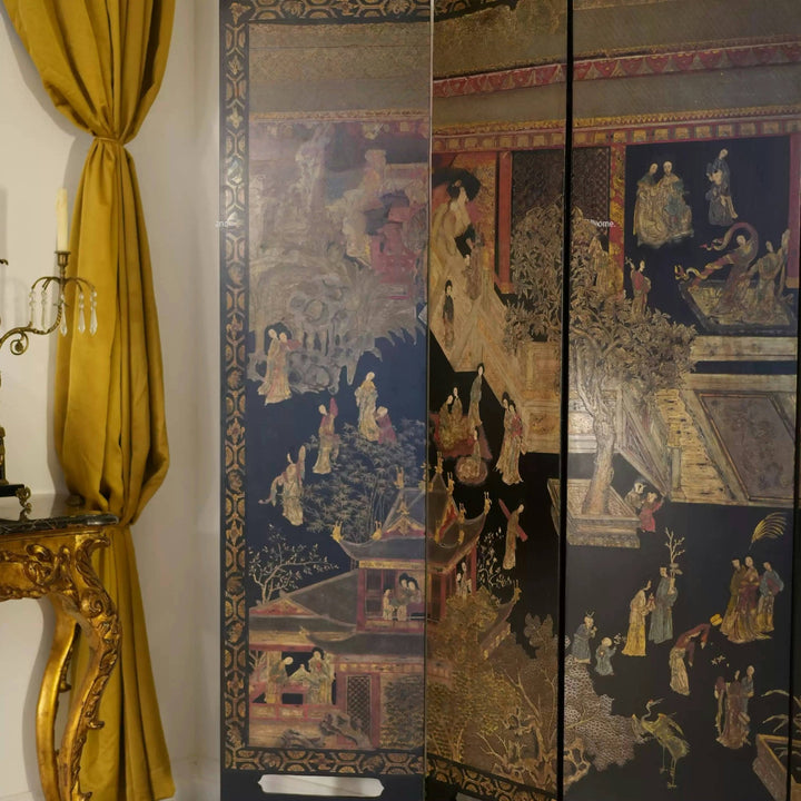 Vintage Floral Deco Room Divider – Handcrafted French - Chinese Folding Screen with Gold Embroidery Detailing - WonderlandByLilian