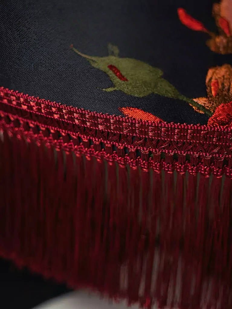 Vintage Floral Fringe Armchair – Handmade Single Lounge Chair with Botanical Tapestry and Red Tassel Trim - WonderlandByLilian