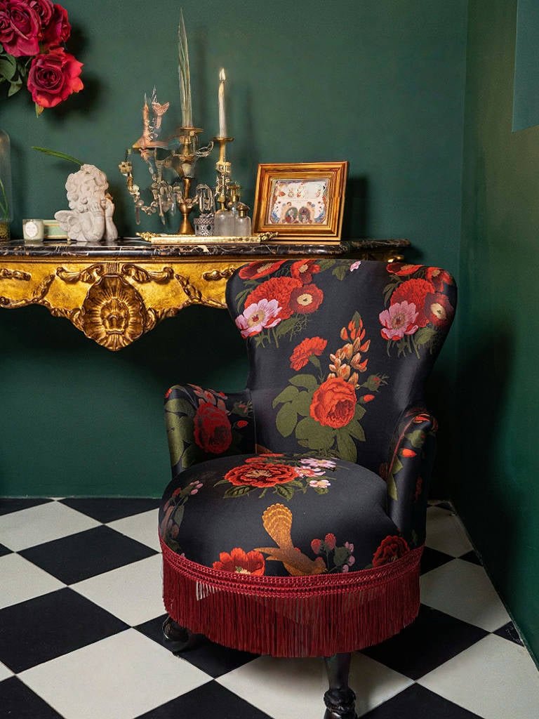 Vintage Floral Fringe Armchair – Handmade Single Lounge Chair with Botanical Tapestry and Red Tassel Trim - WonderlandByLilian