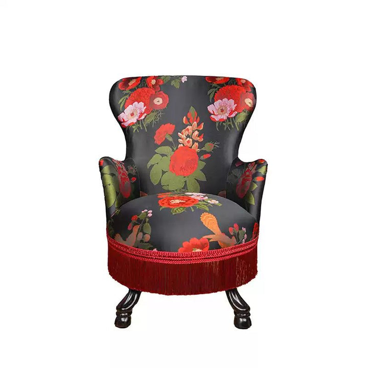 Vintage Floral Fringe Armchair – Handmade Single Lounge Chair with Botanical Tapestry and Red Tassel Trim - WonderlandByLilian