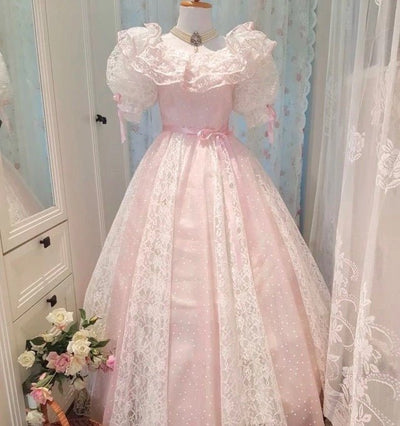 Vintage Gunne Sax Inspired Princess Pink Lace Dress - Victorian Style Pink Prom Dress Plus Size - WonderlandByLilian