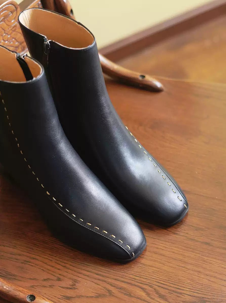 Vintage - Inspired Black Leather Ankle Boots - Regency Style Retro Boots - WonderlandByLilian