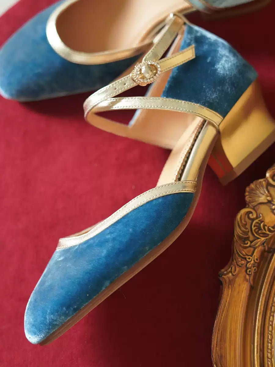 Vintage - Inspired Blue Velvet Mary Jane Shoes with Gold Accents - Retro Mid Heel - WonderlandByLilian